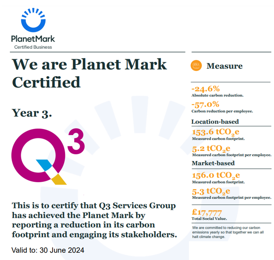 Planet Mark Certification 2023 for Q3 Services.